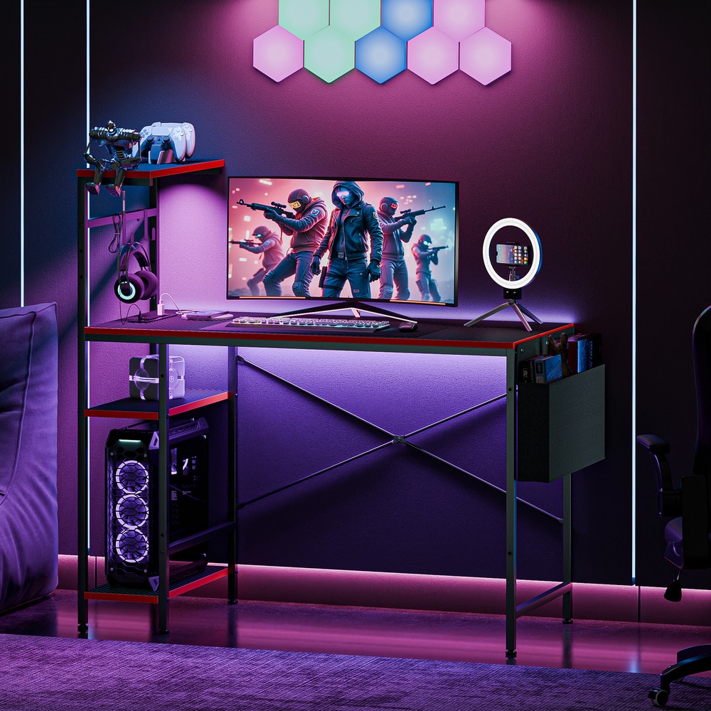 44" Computer Desk Rectangular Gaming Desk with LED Lights & Power Outlets Black