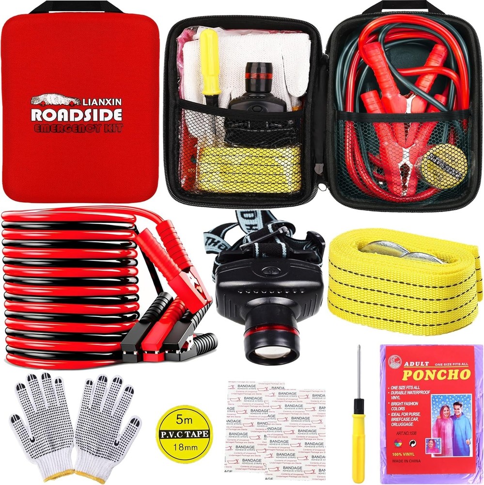 Compact Red Roadside Emergency Kit with Jumper Cables & Adjustable Headlamp