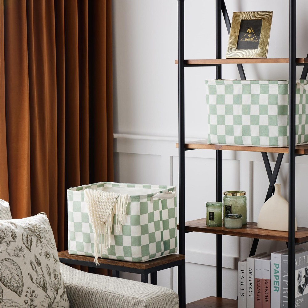 Sage Green Checkered Canvas Basket, Rectangular Organizing Decorative Storage...