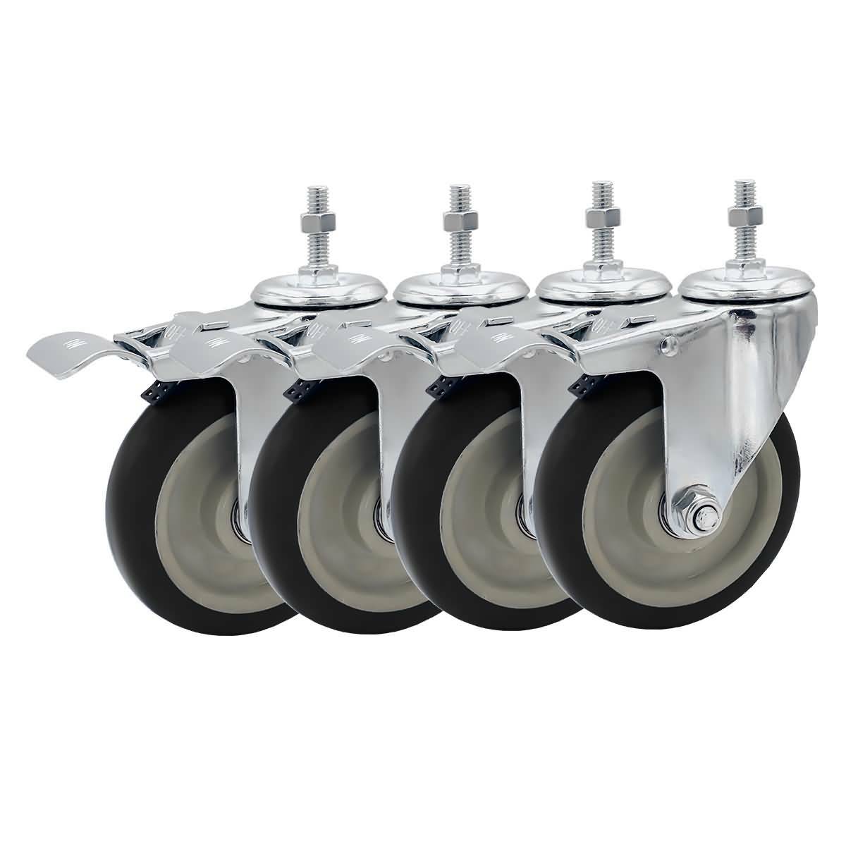 4 Pack 5 Inch Stem Caster Swivel w/ Front Brake Black PU Heavy Duty Caster Wheel
