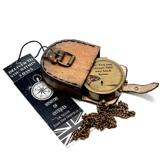 ENGRAVED POCKET COMPASS & KEYCHAIN NAUTICAL HANDMADE COMPASS & LEATHER POUCH