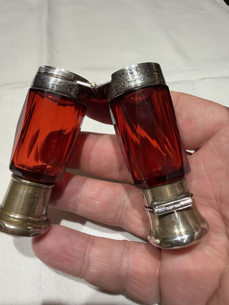 Victorian Ruby Red Glass Folding Double Scent Bottle Silver Mount