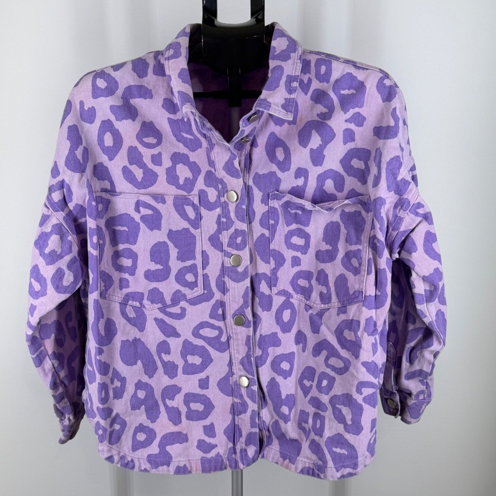Easel Purple Leopard Print Denim Shacket Jacket Womens M