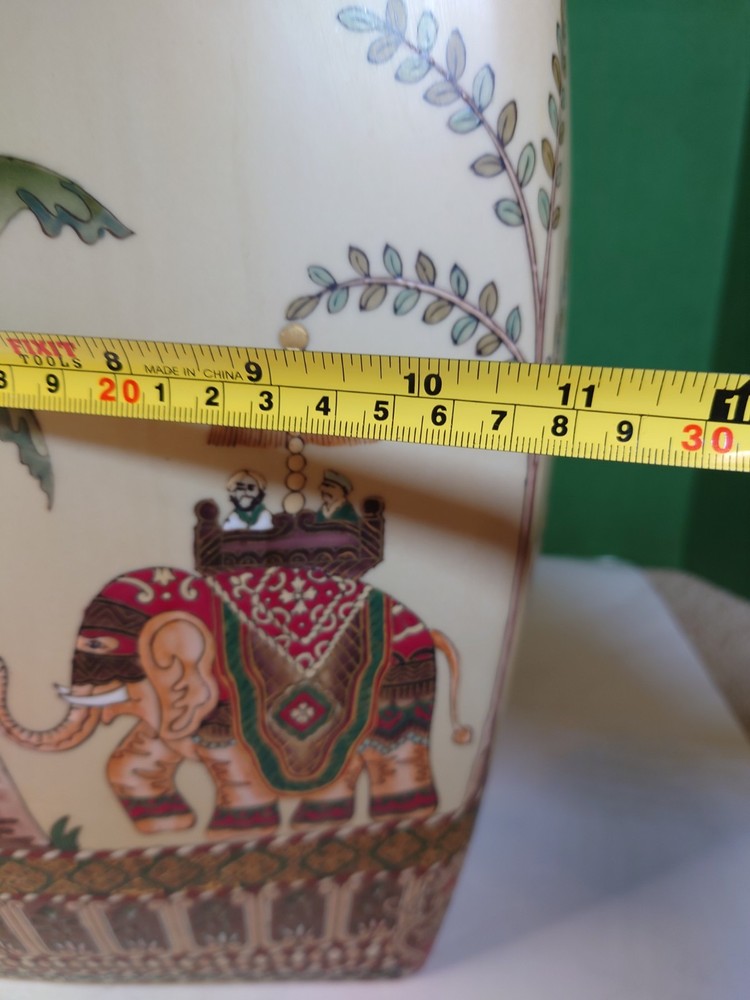 Vtg Ceramic Elephant, Palm Trees, Drum Stool, Impressed/Embossed Pattern. 17"H.