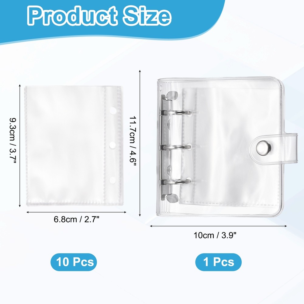 A8 Mini 3-Ring Binder Cover, Clear PP Notebook Binder with Inner Pockets, Silver