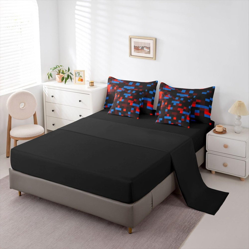 Pixelated Red Blue Black Queen Size Comforter Set with Sheets，Pillowcases & Cush