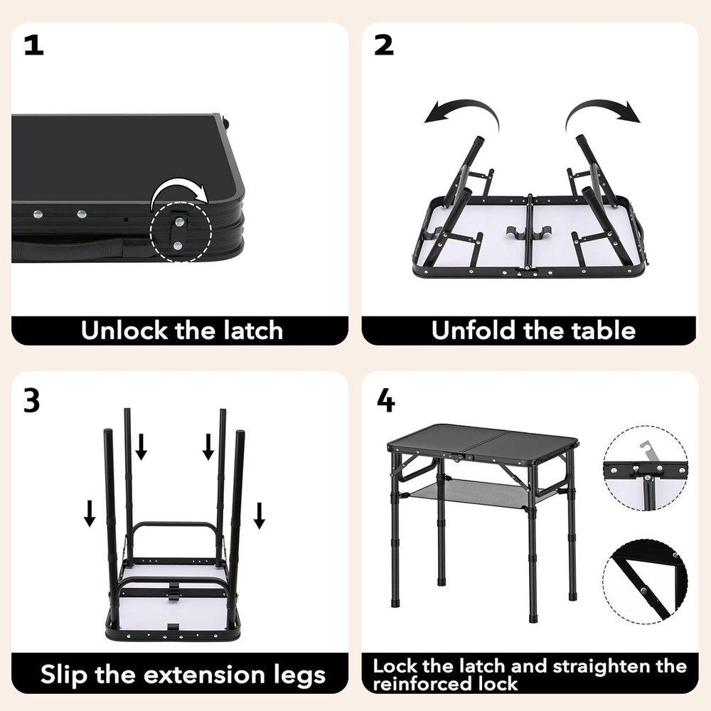 Small Folding Camping Table with Storage Net, 3 Adjustable Heights Foldable Tabl