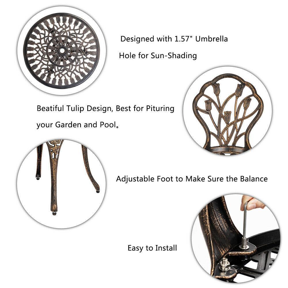 3pc Patio Bistro Dining Furniture Set Outdoor Garden Iron Table Chair Bronze US