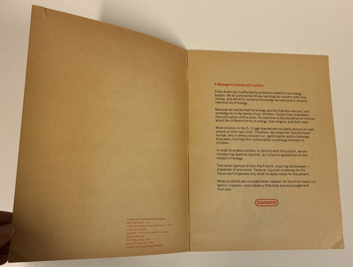 Conoco Energy Activity Book Puzzles Games 1976 Spencer the Squirrel t. tallarico