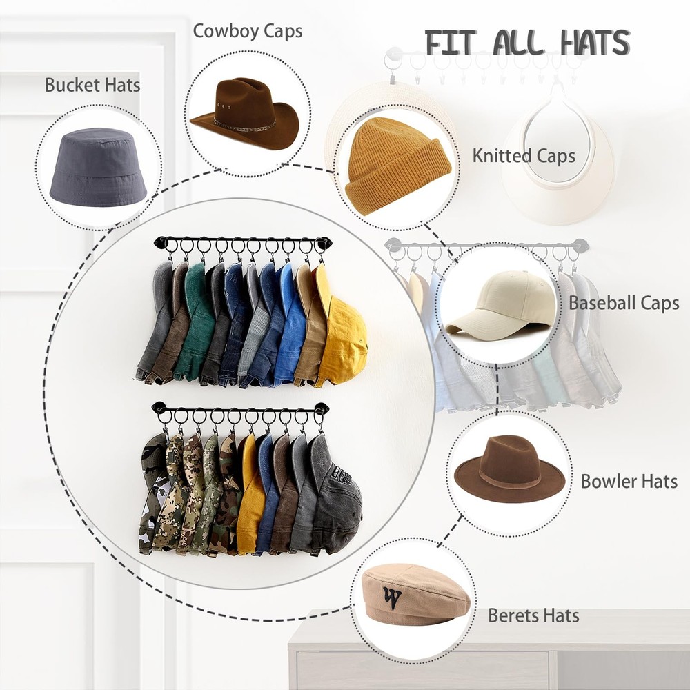 2 Pack Mounted Hat Rack Organizer 20 Hooks Metal Baseball Cap Hanger