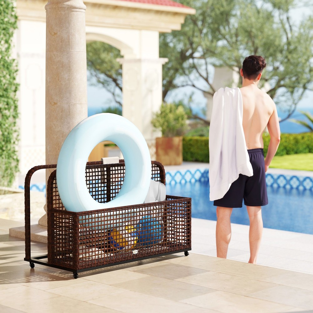 Outsunny Pool Float Storage with Wheels, Pool Caddy, Brown
