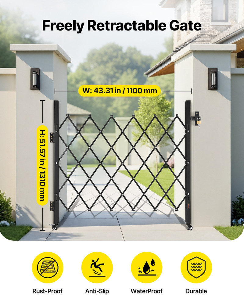 VEVOR Single Folding Security Gate Lockable, 43"W x 52"H w/ Wheels