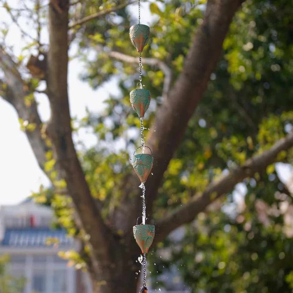 10 FT Rain Chain with Bee Pattern Cups Adjustable Decorative Gutter Rain Catch