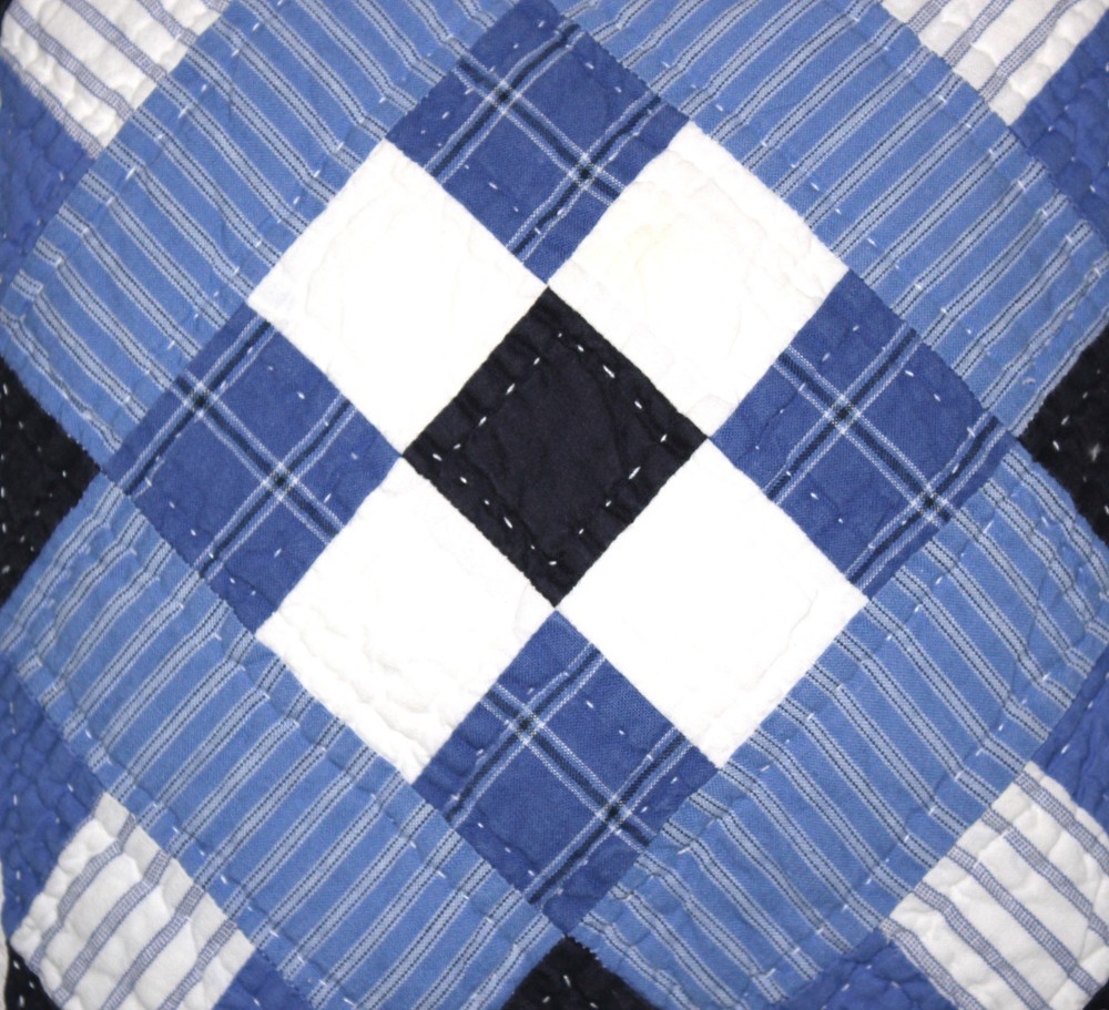 Blue, White Geometric Pattern Cutter Quilt Throw Pillow Handmade: Chenille Back
