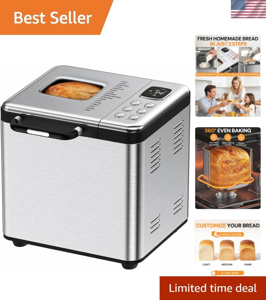 Bread Maker, 2LB Stainless Steel Bread Machine, 17-in-1 Automatic Settings, N...