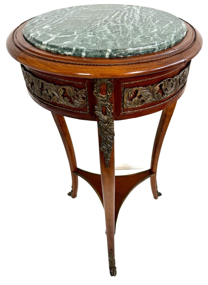 Early 20th-C Louis XV Walnut Ormolu Mounted Marble Top Side Table