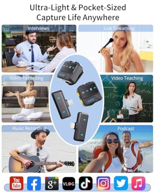 Wireless Lavalier Microphone for iPhone: Mic with Black Mic for iOS/Android