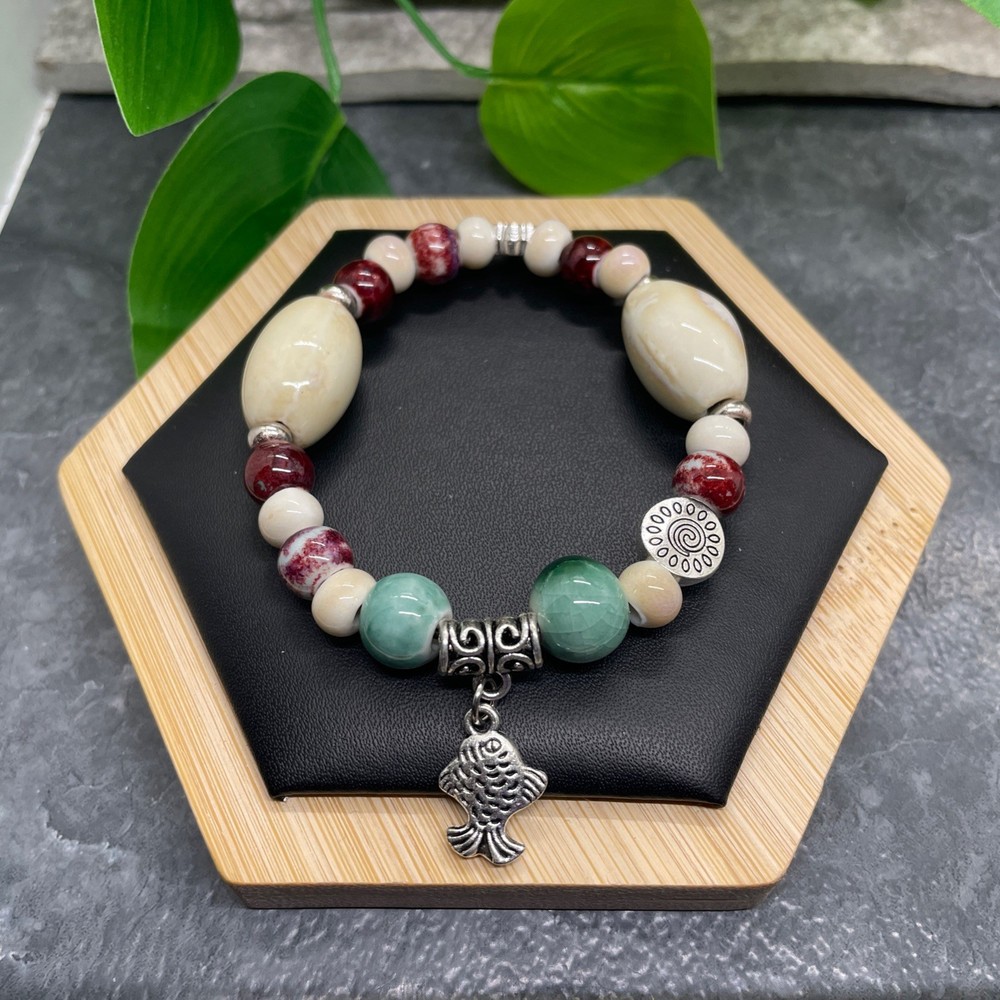 Handmade Ceramic Bead Beaded Stackable 6.25” Plus Stretch Bracelet New B407