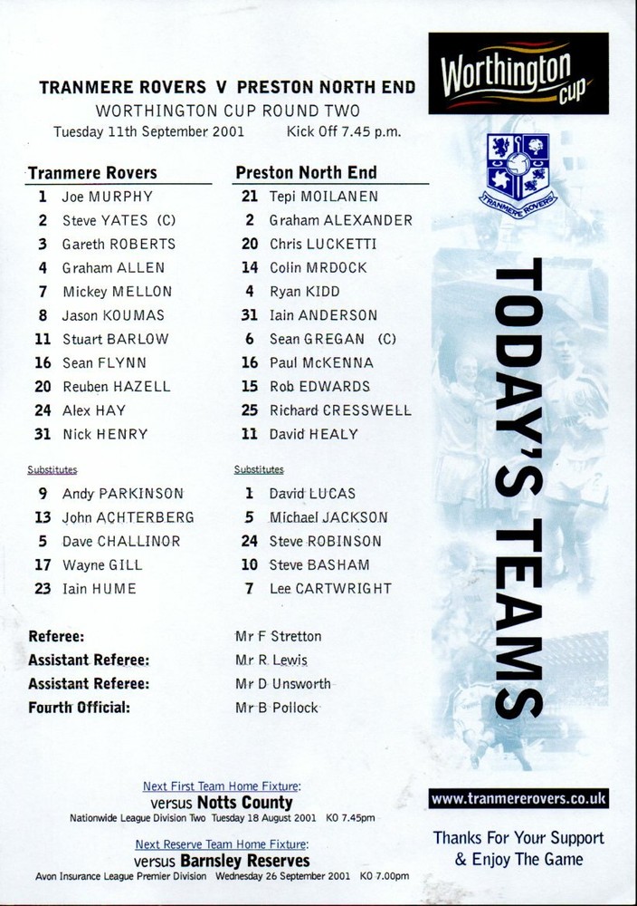 Team Sheet - Tranmere Rovers v Preston LC 11.9.2001