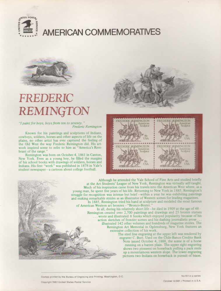1981 Commemorative Panel Honoring Frederic Remington