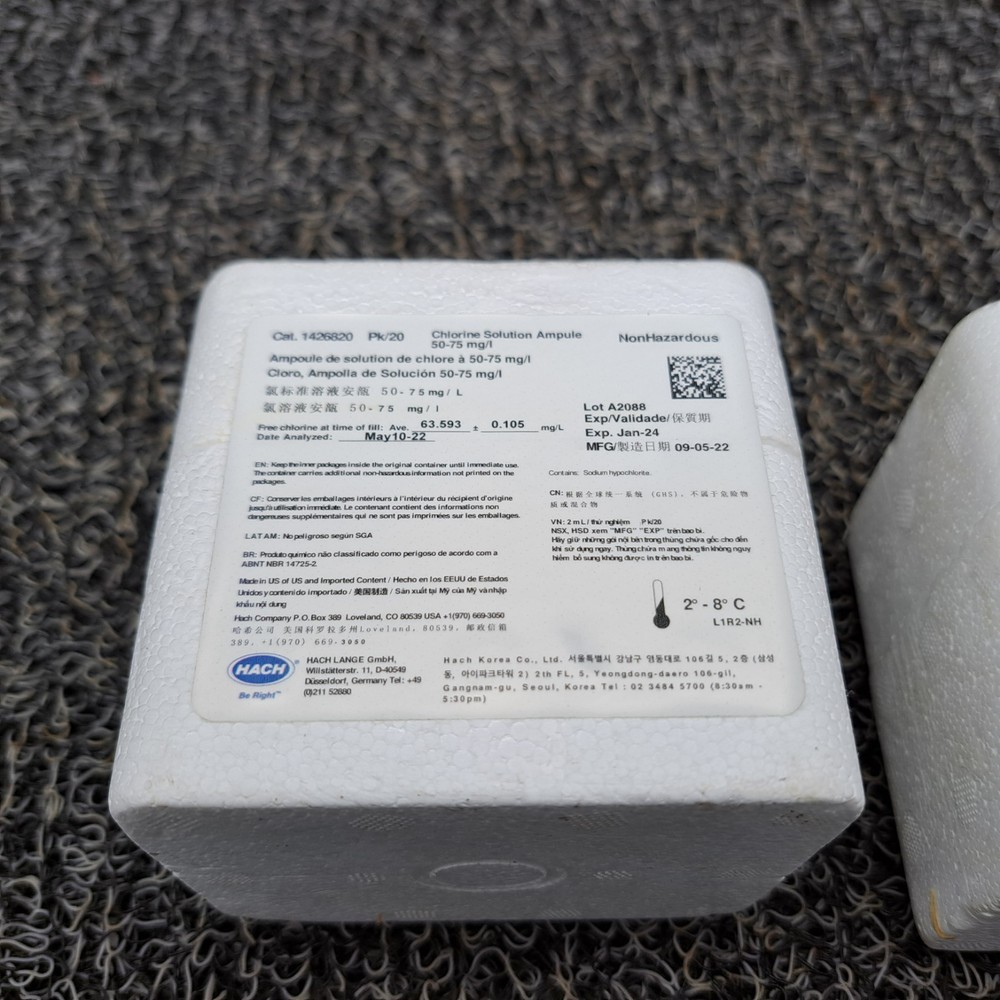 Hach® 2630020 Chlorine Std. Solution, 25-30mg/L as Cl₂, 2mL Ampules. Outdated