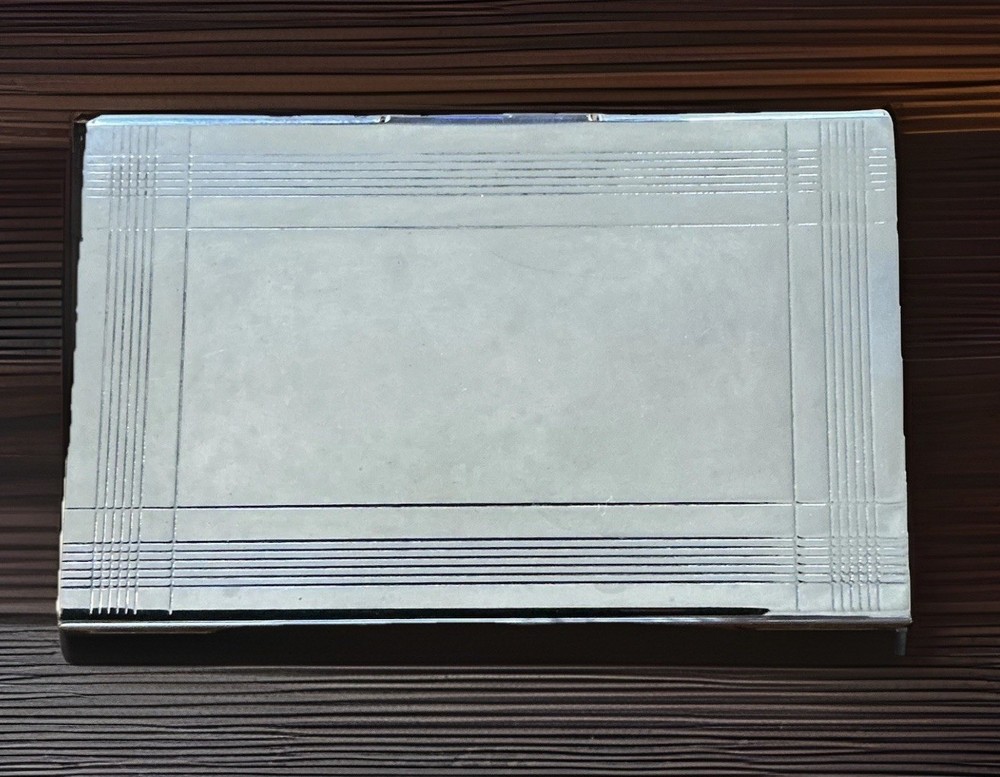 Vintage Silver Plate Business Card Case Etched Grid Front Design Unmarked