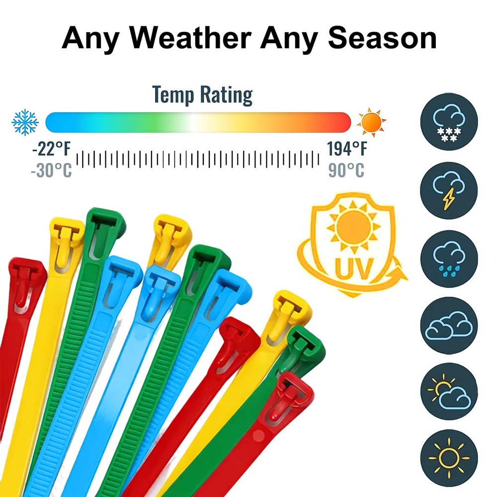 200PCS Reusable Cable Zip Tie Brackets Color-Coded Self-Locking Plastic Fastener