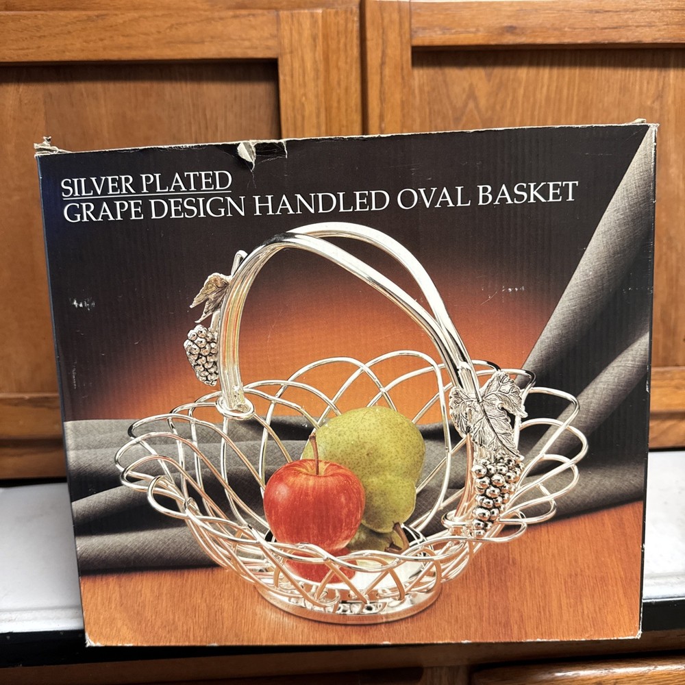 Godinger Silver Art Co. Silverplate Grape Design Handled Oval Fruit Basket & Box