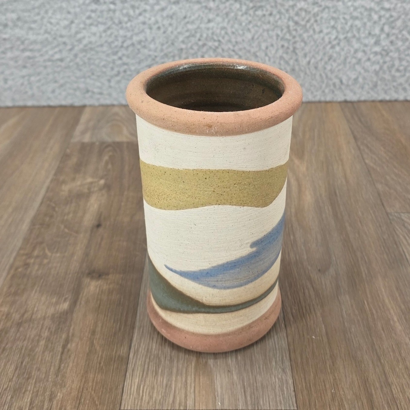 Alfa Dom Handmade Ceramic Vase Stripped Design Pink Tan Blue Green Pottery
