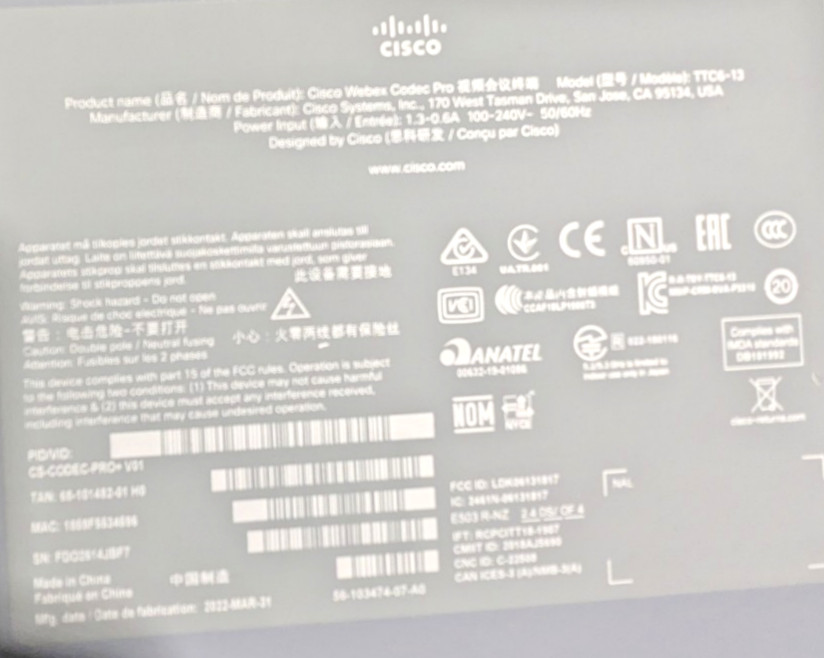 Cisco Webex Room Kit Pro Codec TTC6-13 CS-CODEC-PRO-V01 Video Conferencing