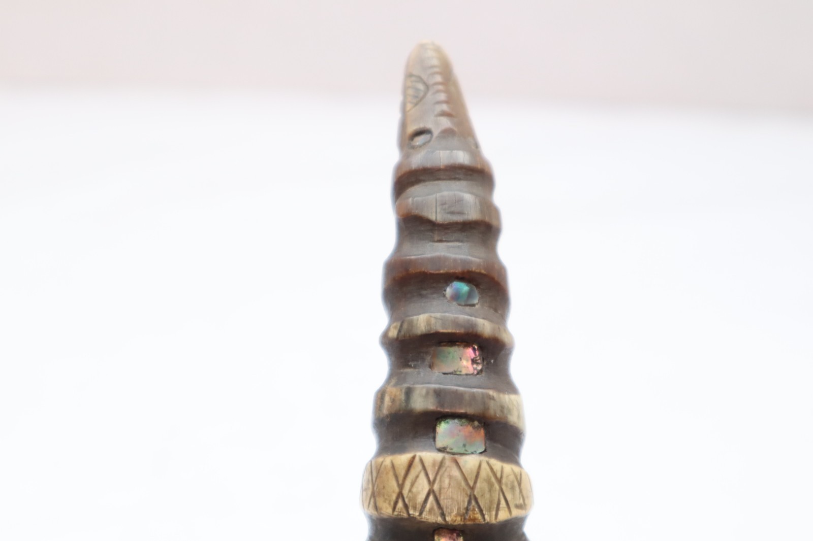 OLD HAIDA-TLINGIT ANTIQUE CEREMONIAL LADLE Horn Spoon Handle Carved Totem Inlaid