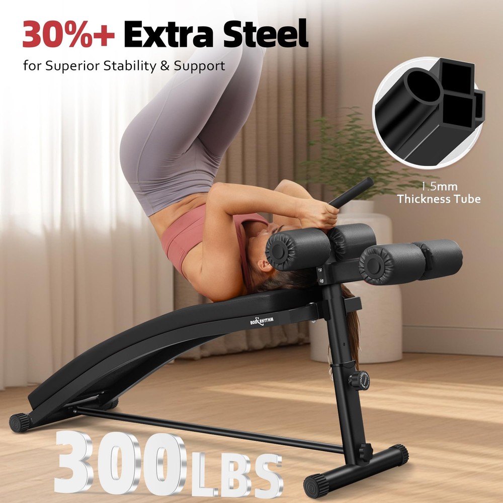 Sit Up Bench with 4 Adjustable Heights and Reverse Crunch Handle, Curved Ab Work