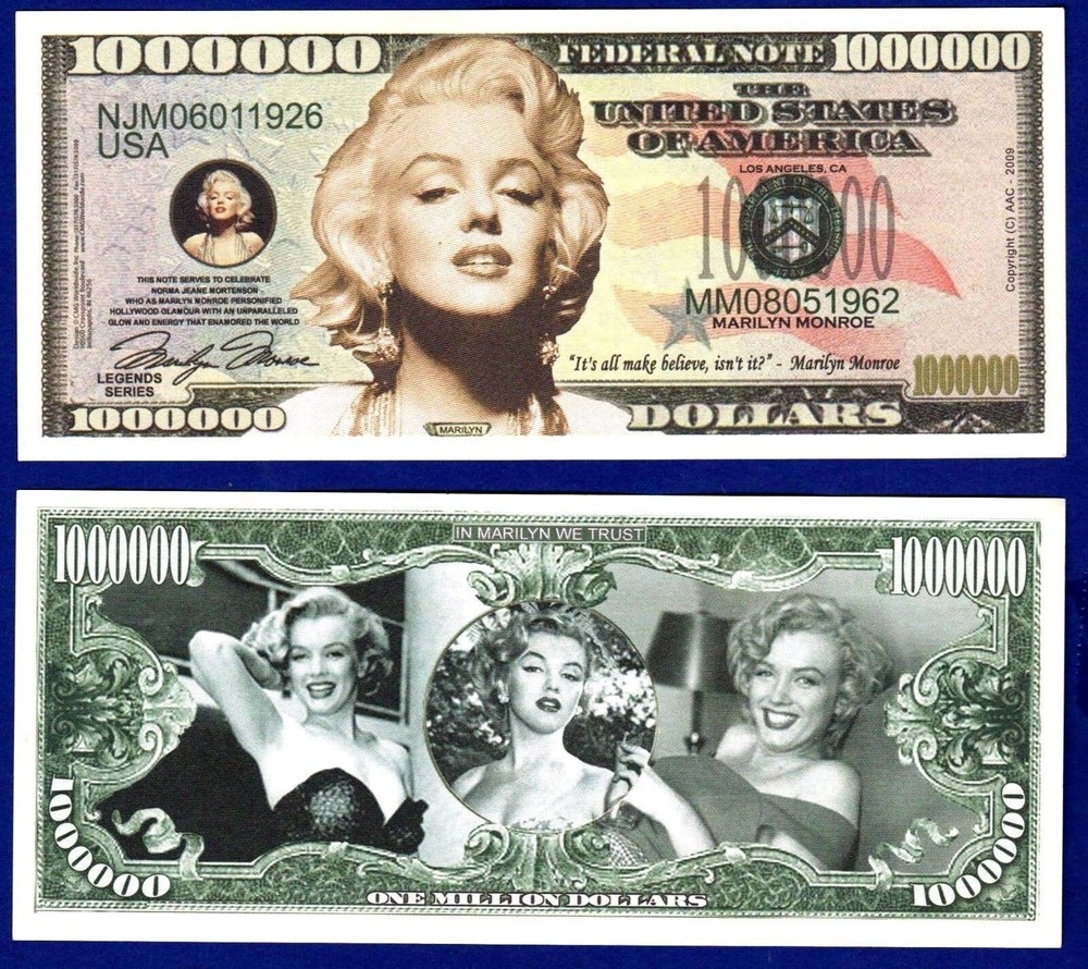Marilyn Monroe Million Dollar Bill (5) Novelty Bill Sharp! FREE SHIPPING!