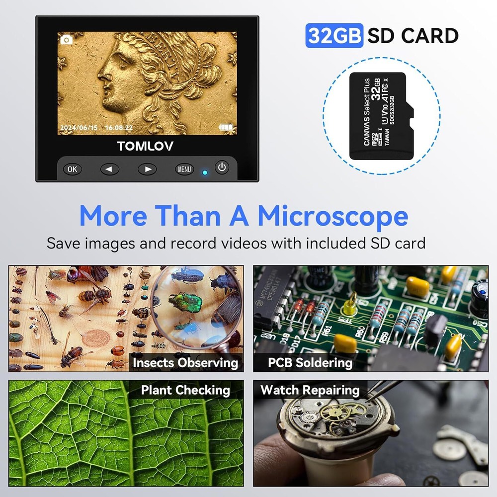 TOMLOV 4.3" Digital Microscope 200x-1000X Error Coin Magnifier w/ Lights PC View