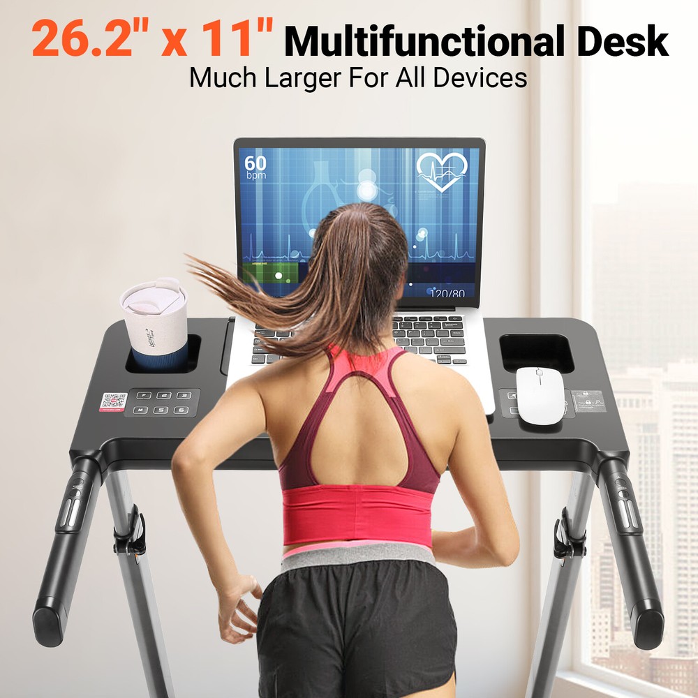 300lbs Folding Treadmill Treadmill with Adjustable Large Desk with Bluetooth&APP