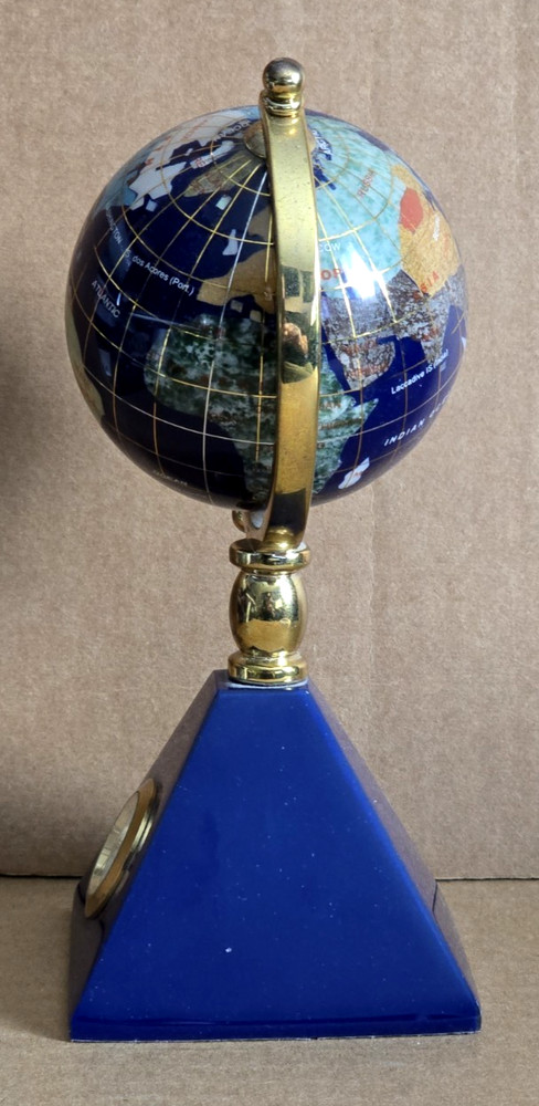 Blue Lapis Gemstone Desktop Globe with Quartz Clock 7" Tall