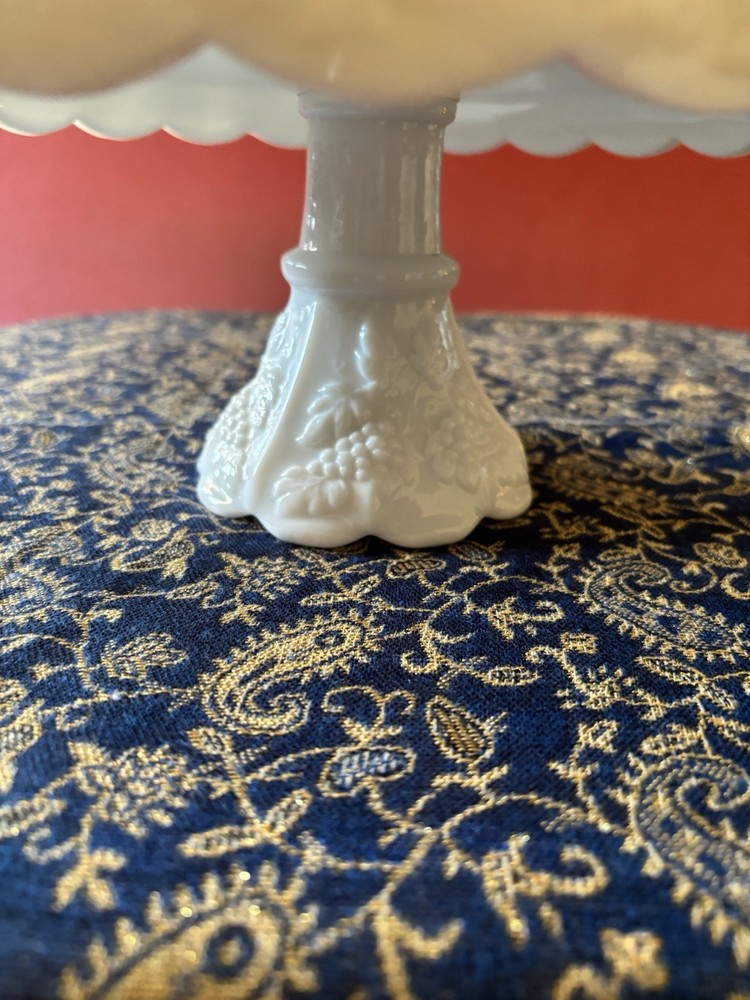Cake Stand, Vintage, White Grape Pattern, Milk Glass.