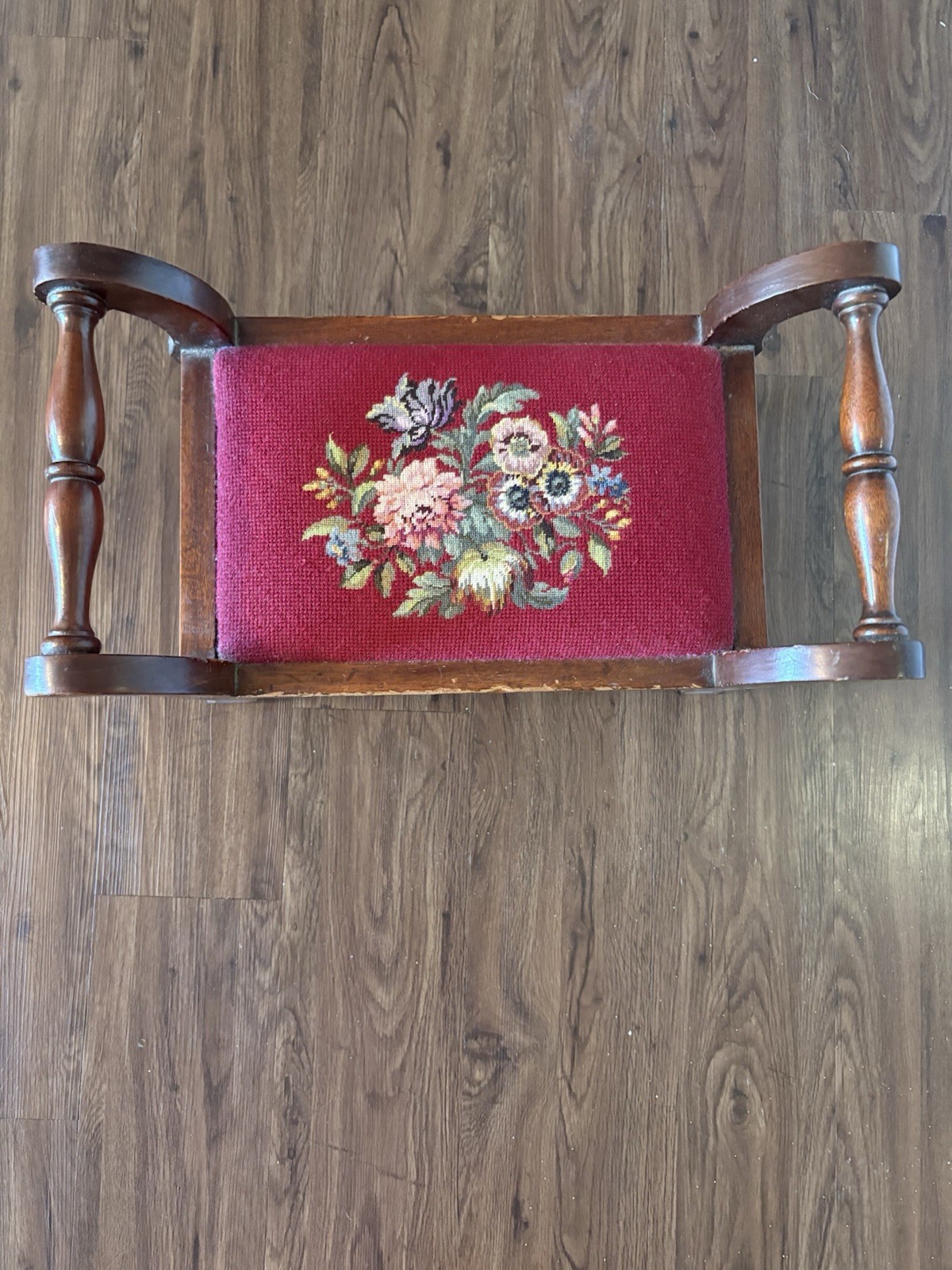 19thC Antique Victorian Footstool Bench Floral Needlepoint Petit Point