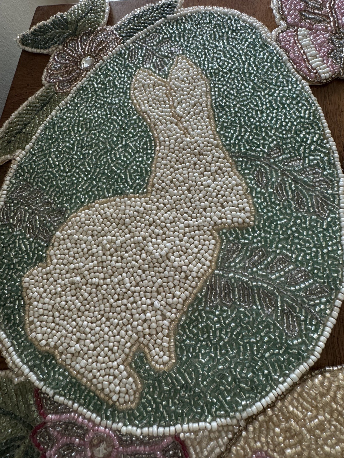 90s Pier 1 Imports Easter Egg & Bunny Rabbit Glass Beaded Table Runner 13” X 35”