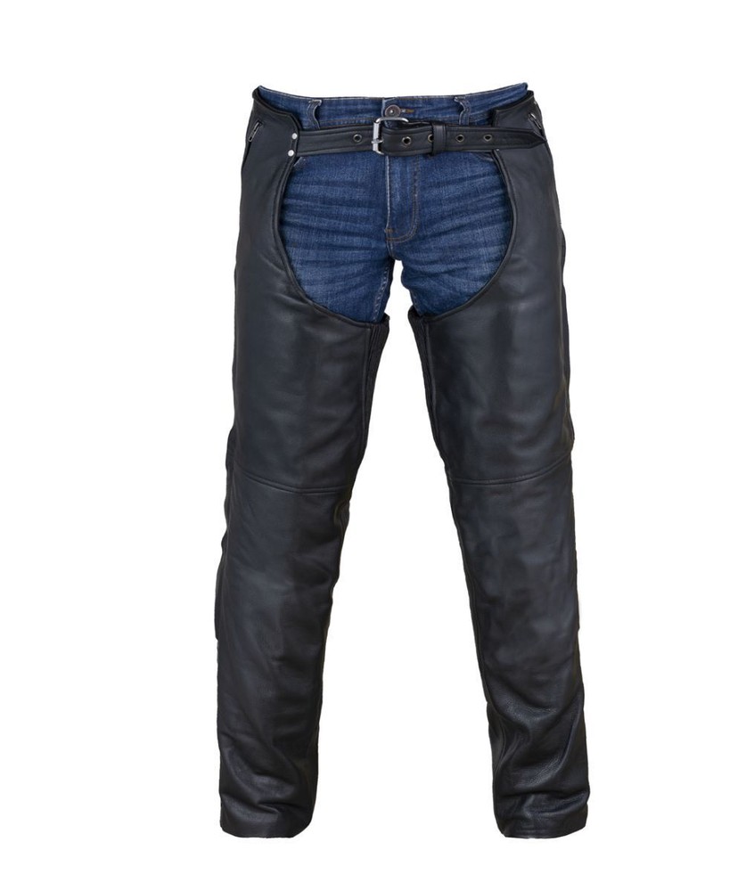 Black Multi-Pocket Premium Cowhide Leather Chaps with Removable Lining