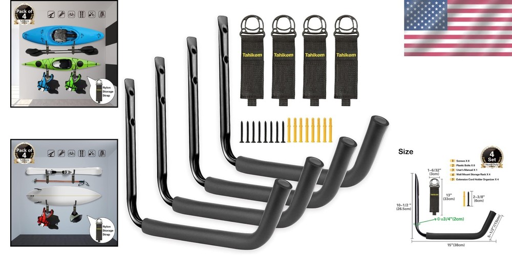 Easy Install Kayak & Bicycle Wall Hooks - Max Load 50lbs, Black Storage Solution