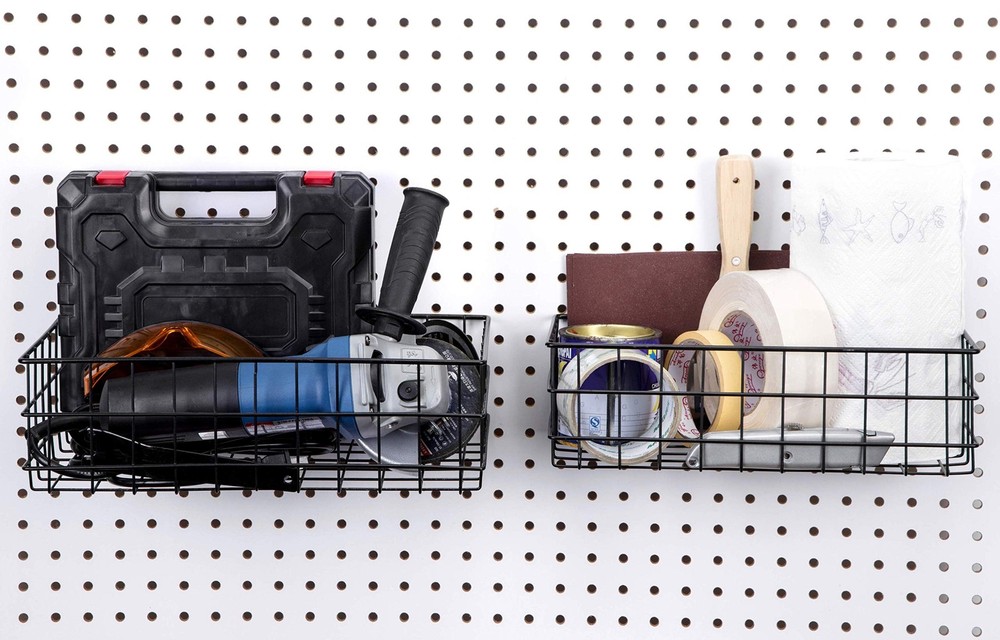 2 PCS Black Pegboard Baskets XLarge Large Metal Wire Wall Organizer Tools