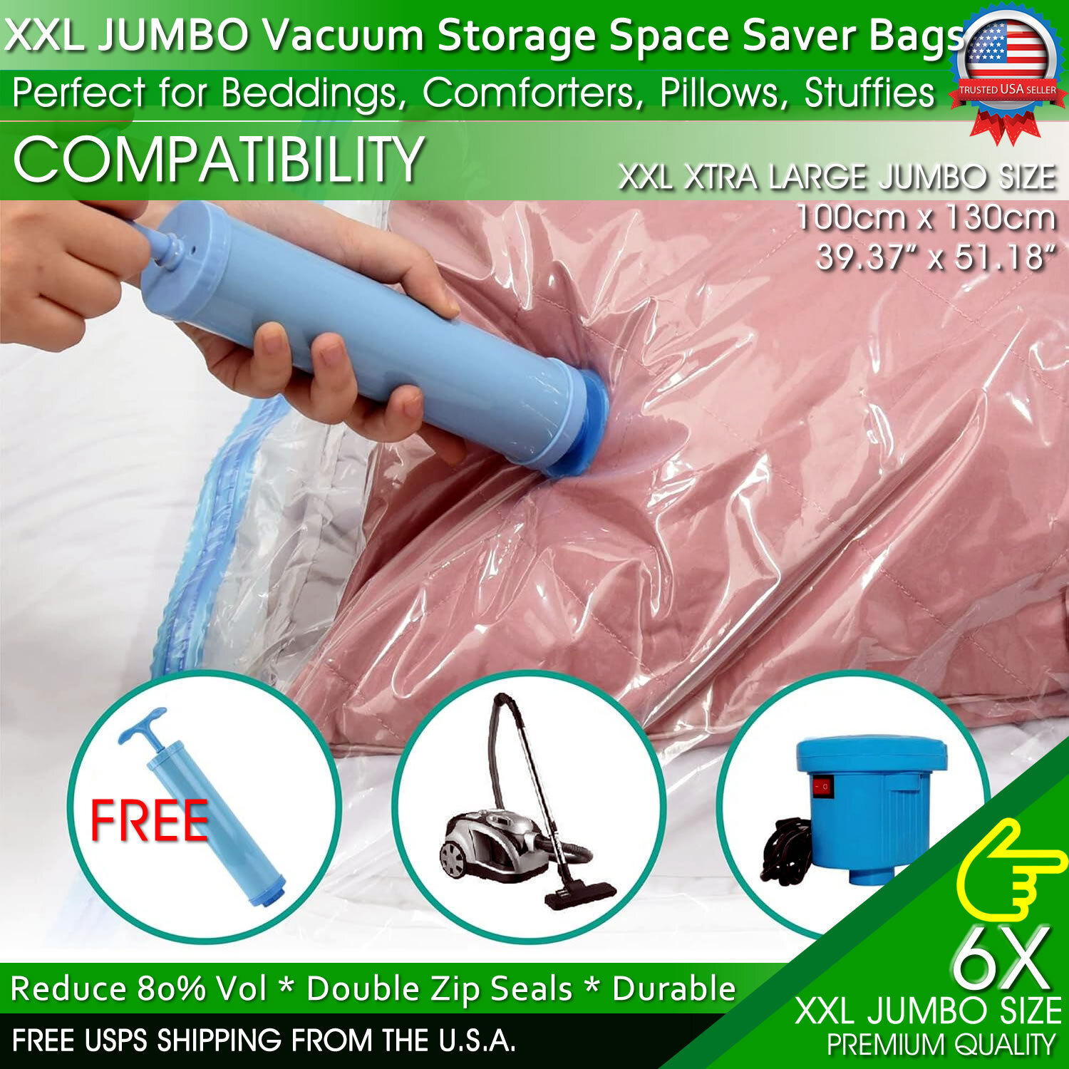 XXL Jumbo Vacuum Storage Bags Comforters Bedding Clothes Space Saver Hand Pump