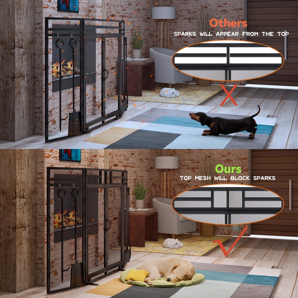 Fireplace Screen with Doors and Tools Set,3 Panel Foldable Metal Fireplace Gu...