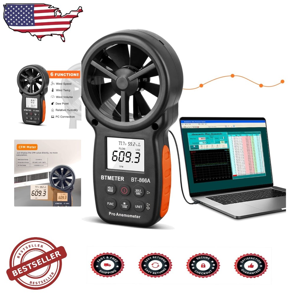 Pro Handheld HVAC Anemometer CFM Air Flow Wind Speed Meter USB Data Logging