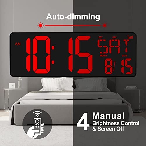 Large Digital Wall Clock WiFi Sync, 16.5 in Large Display Wall Red WIFI Clock