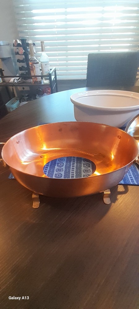 TWO QUART COPPER AND CERAMIC OVAL CHAFING DISH WITH LID