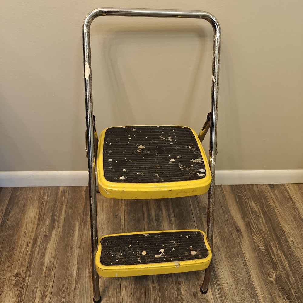 Vintage Chippy Yellow Cosco Folding 2 Step Stool