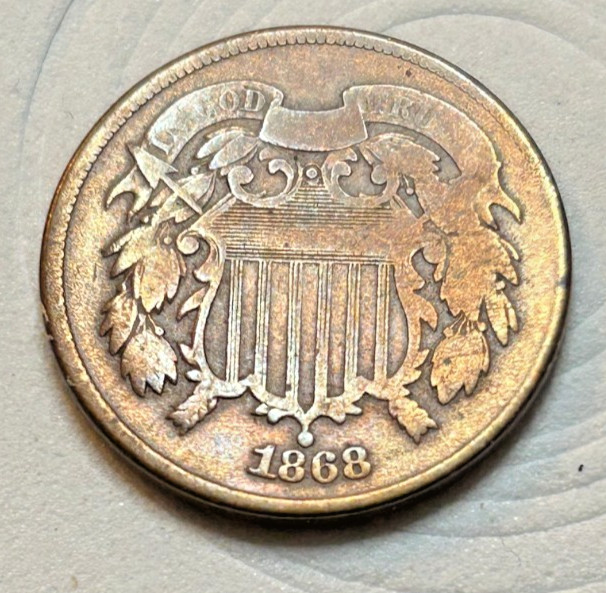 1868 Beautiful Two Cent, Nice Reverse Dark Brown in Clear Plastic Hldr - B18-6
