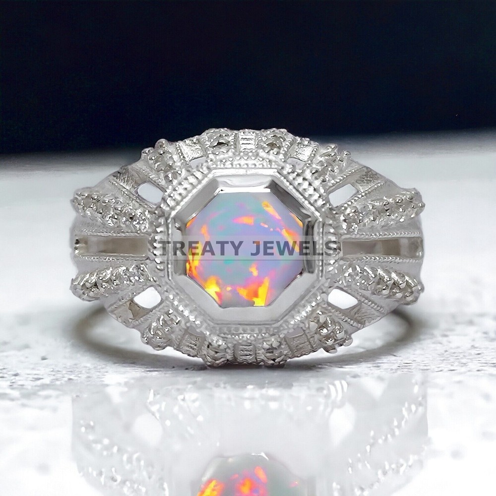 Opal Hexagon Cut Gemstone With 14K Solid White Gold Ring For Men's #836